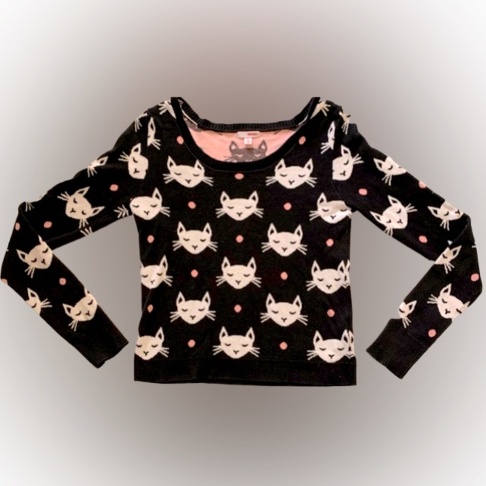 BONGO Black Sweater With White Cats and Pink Polka-Dots Women Size Large